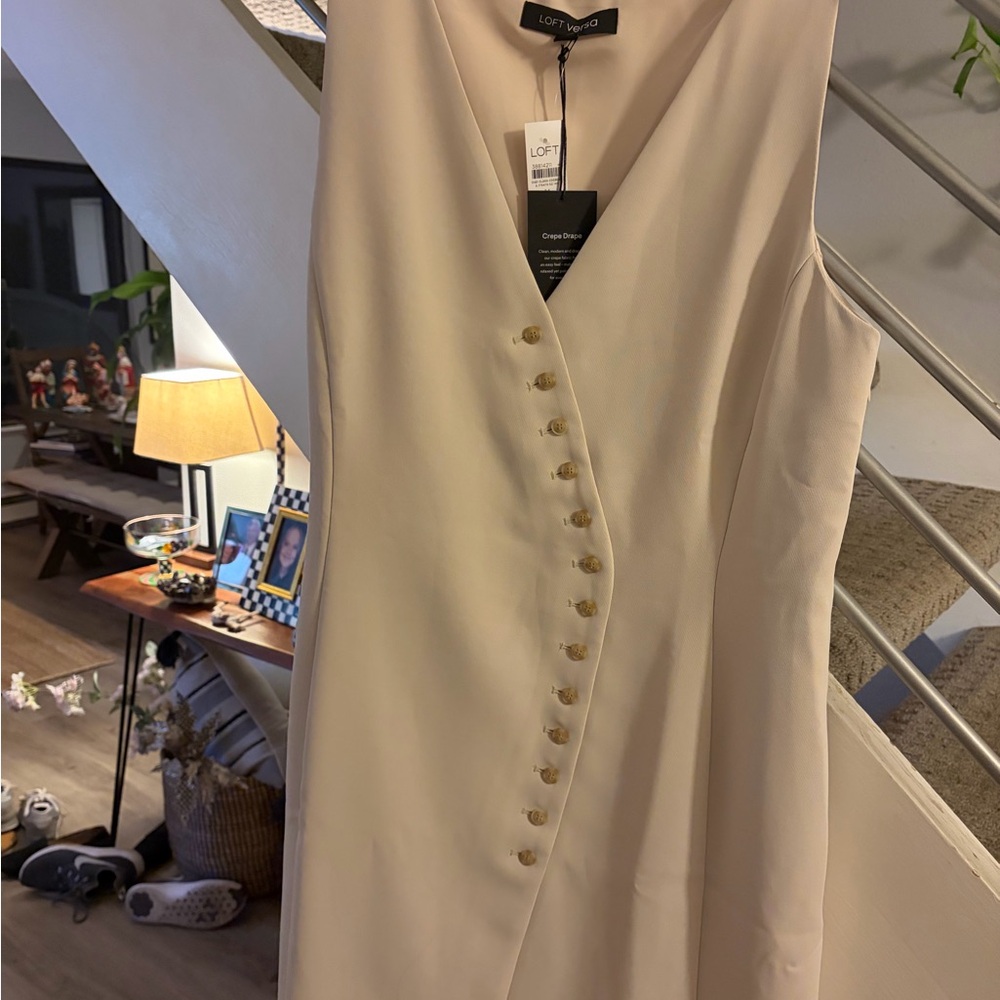 LOFT Cream Midi Dress with Button Detail